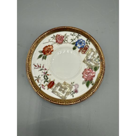 Vintage Japanese Porcelain Saucer Imari Kutani Style Floral Gold Greek Key - Picture 1 of 3